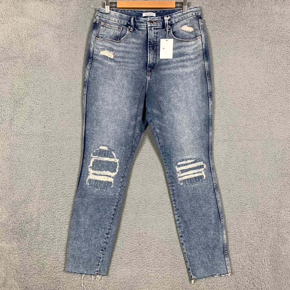 NWT Good American Good Curve Jean Women's 15/33 Blue Skinny High Rise Distressed